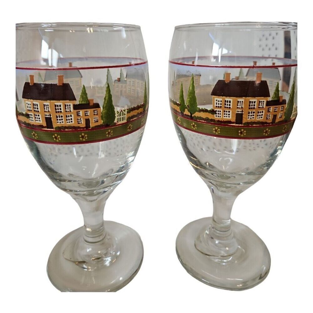 Block Country Village By Gear Farmhouse Sceen Water Goblets Glasses Set Of 2 - Picture 3 of 7